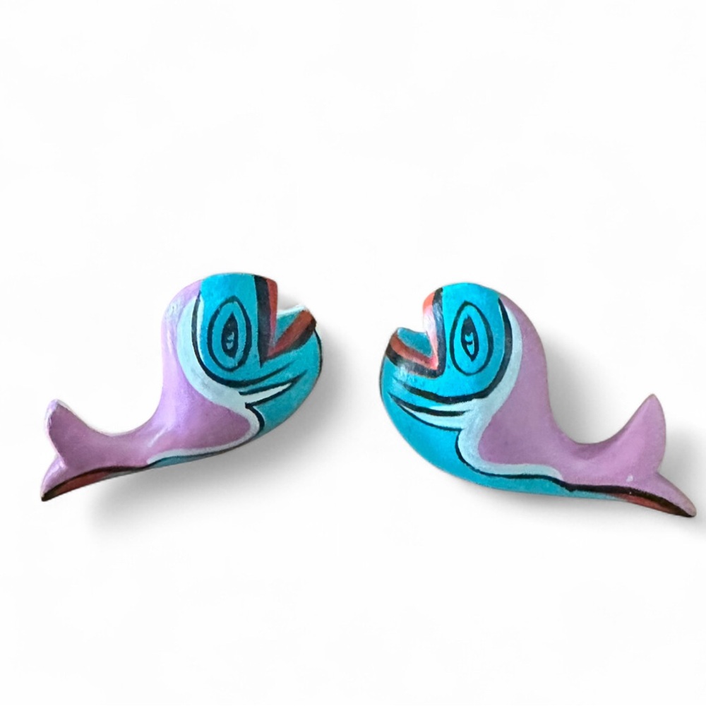 Wood Hand Painted Whale Stud Earrings Blue Pink